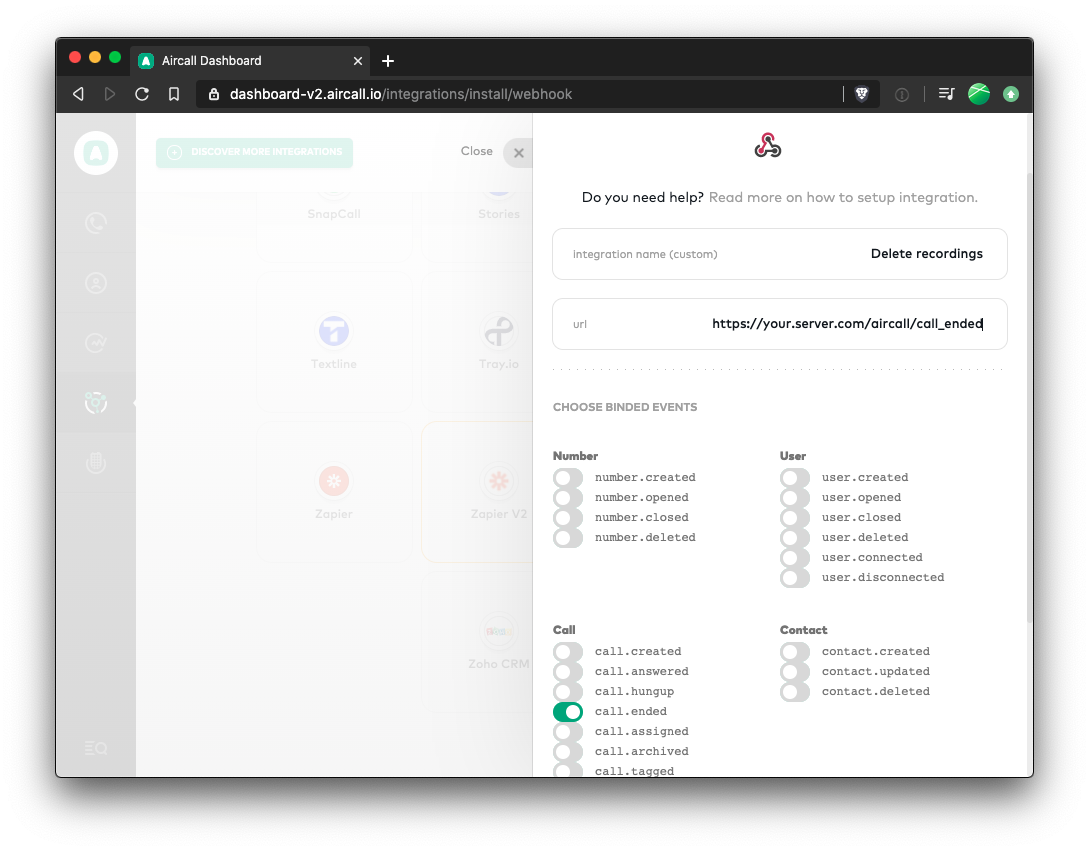 Aircall Dashboard - New webhook
